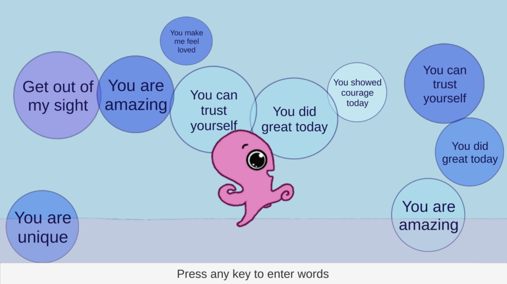 Screenshot of the game "Nice Words" showing a happy octopus and bubbles of bad and nice words.