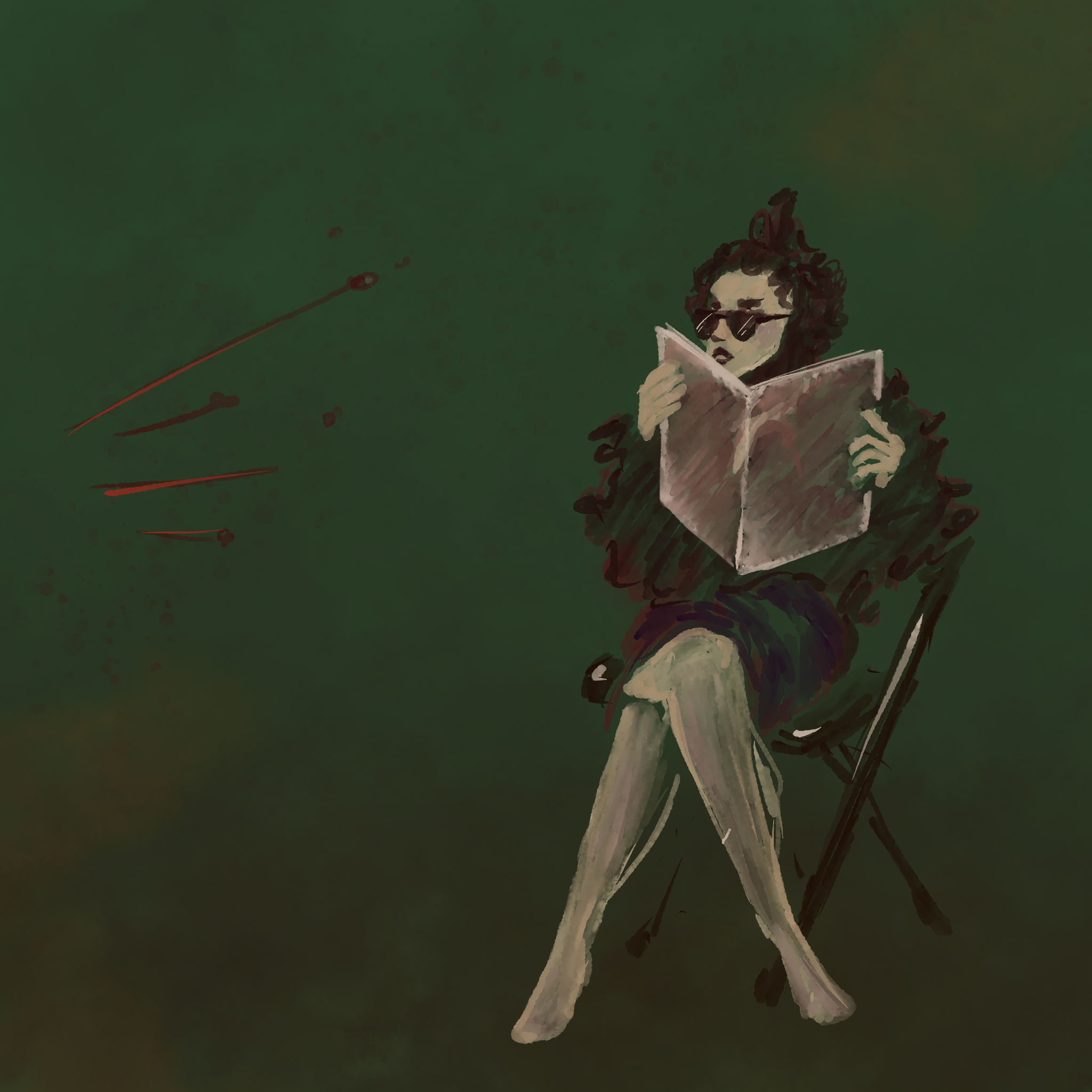 Fight Club Fanart - Marla sitzt auf einem Stuhl, liest ein Magazin und schaut auf das Geschehen im Off das Blutspritzer auf der Wand hinterlässt.